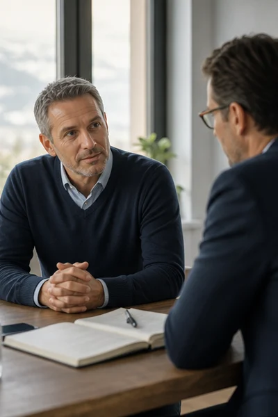 Berater und Kundin besprechen eine Frage in einer vertraulichen, ruhigen Erstberatung