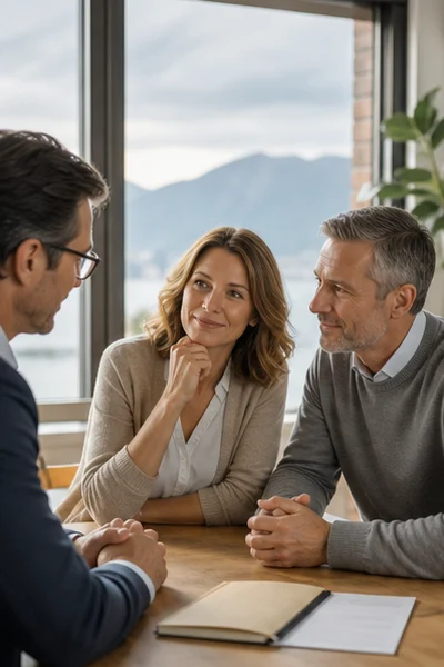 Paar und Berater besprechen langfristige Ziele in einer ruhigen, nicht identifizierbaren Schweizer Umgebung