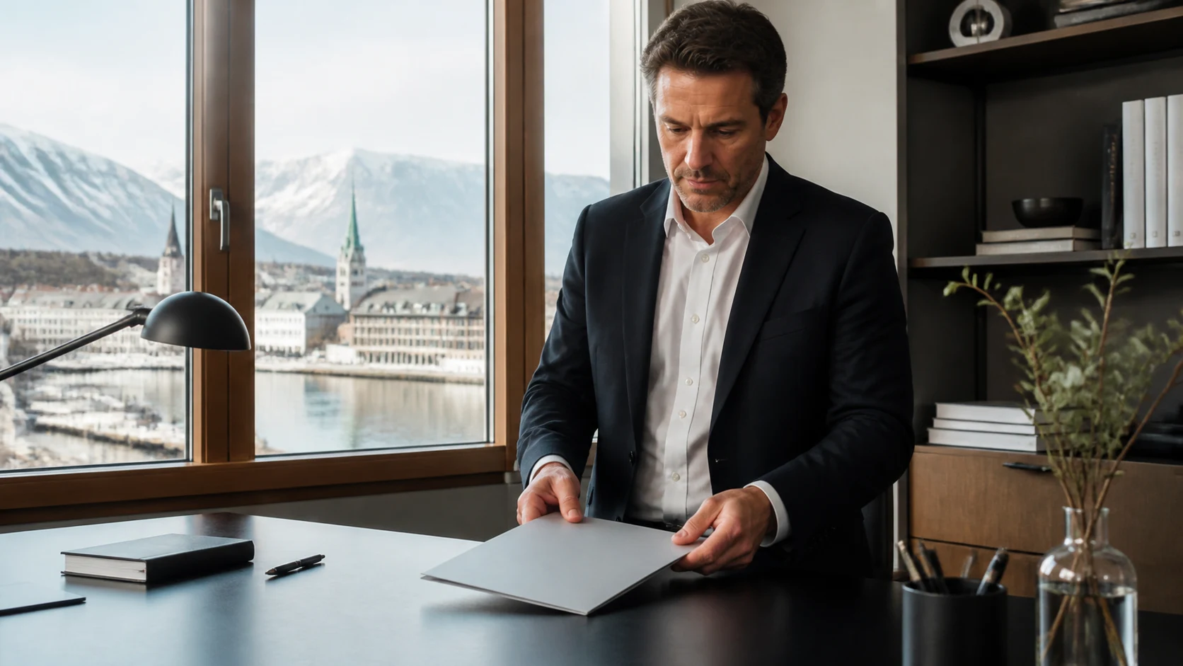 Eine Person bereitet in der Deutschschweiz eine Vermögensanalyse mit geschlossener Unterlagenmappe vor